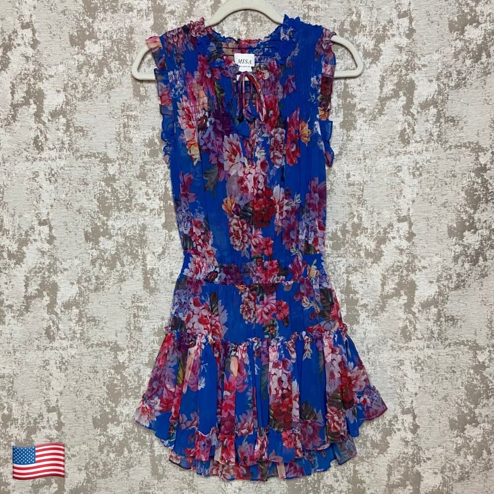 Misa Sabine Floral Tiered Skirt Mini Dress in Blue